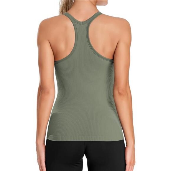 Ribbed Workout Tank Tops for Women with Built in Bra Tight Racerback Scoop Neck - Picture 2 of 7